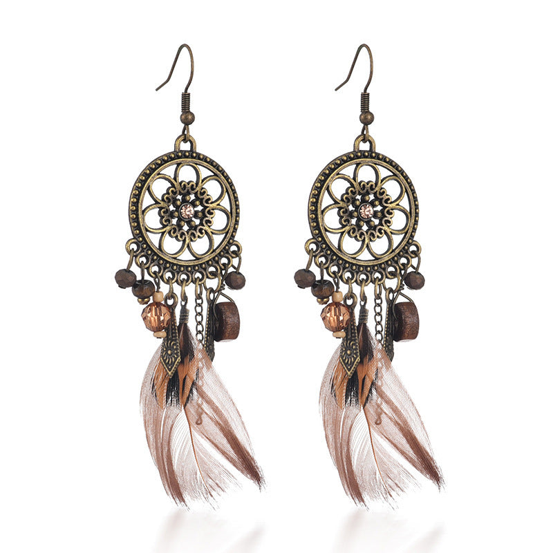 Diamond-Studded Wood Bead Earrings Earrings Feather Earrings Female Jewelry