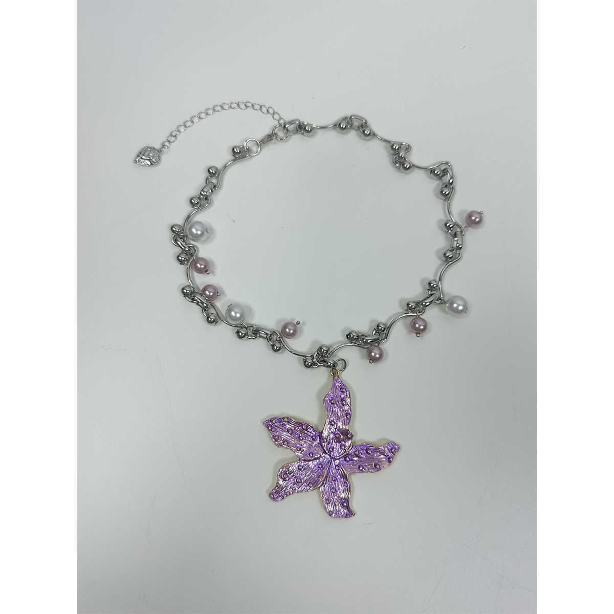 Metal Starfish Flower Pendant Pearl Necklace Adjustable