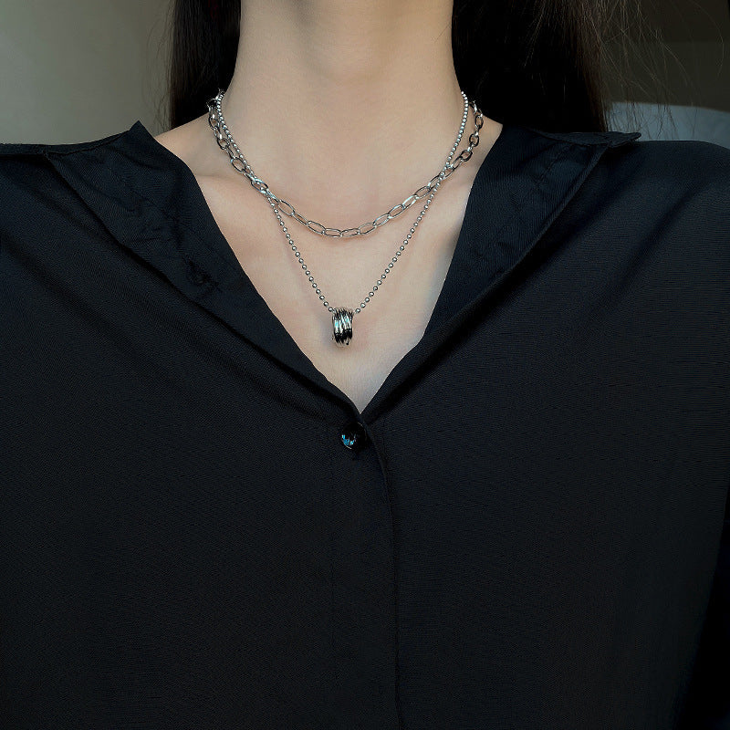 Ring Pendant Necklace Female Niche Design Ins Double Layer Twin Sweet Cool Style Clavicle Chain