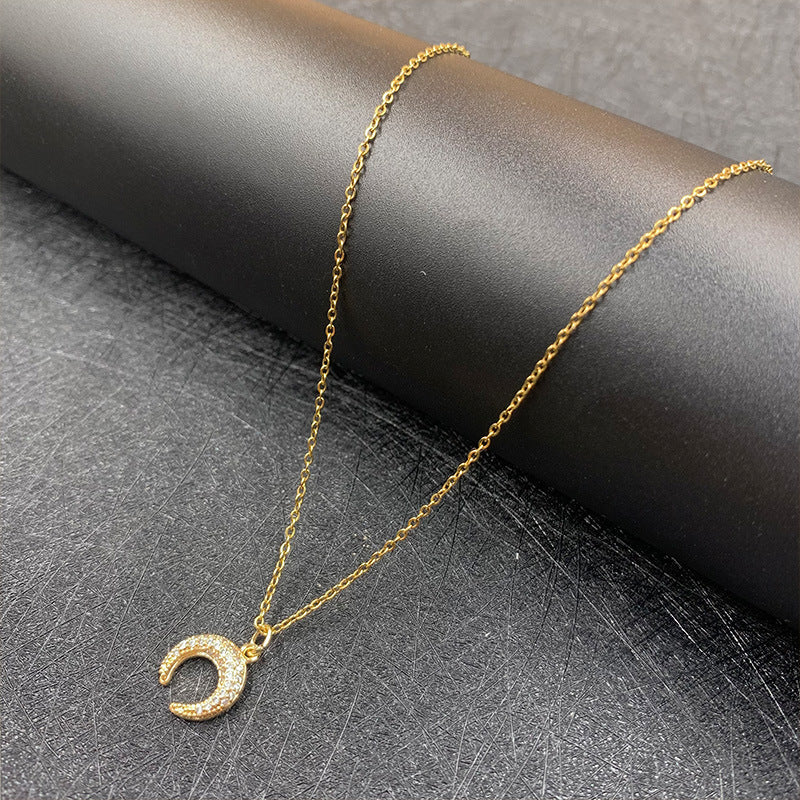 Zircon Moon Necklace Copper Plated Real Gold Full Zirconium Pendant