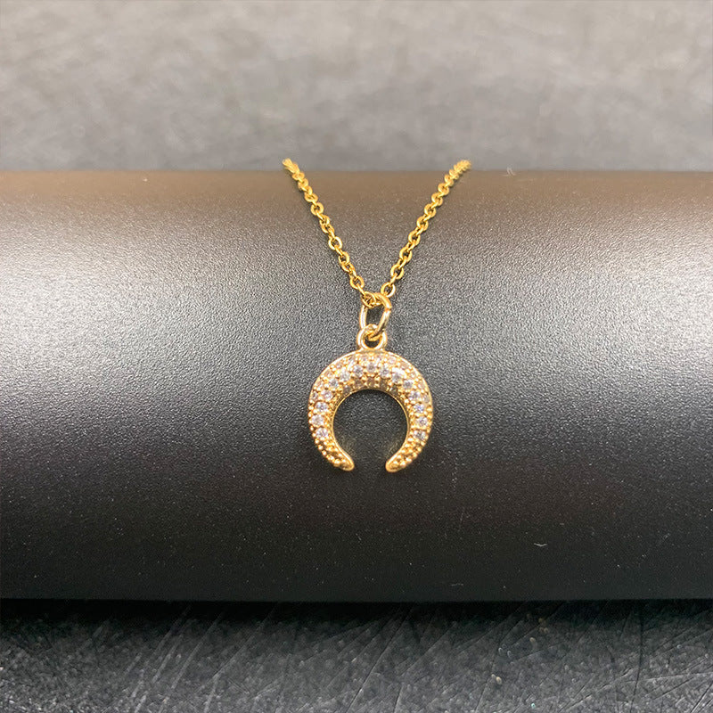 Zircon Moon Necklace Copper Plated Real Gold Full Zirconium Pendant