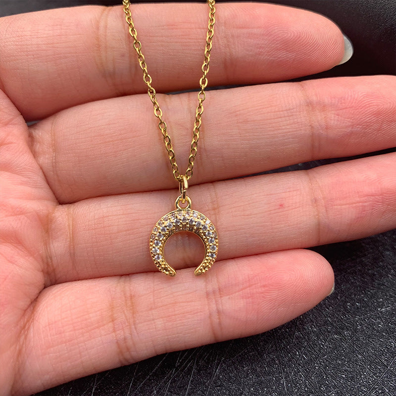 Zircon Moon Necklace Copper Plated Real Gold Full Zirconium Pendant
