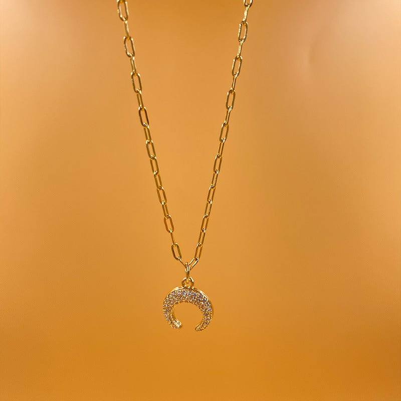 Zircon Moon Necklace Copper Plated Real Gold Full Zirconium Pendant