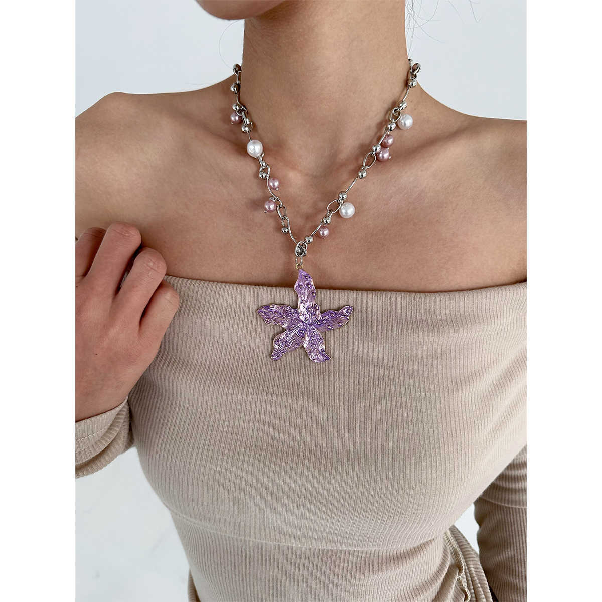 Metal Starfish Flower Pendant Pearl Necklace Adjustable