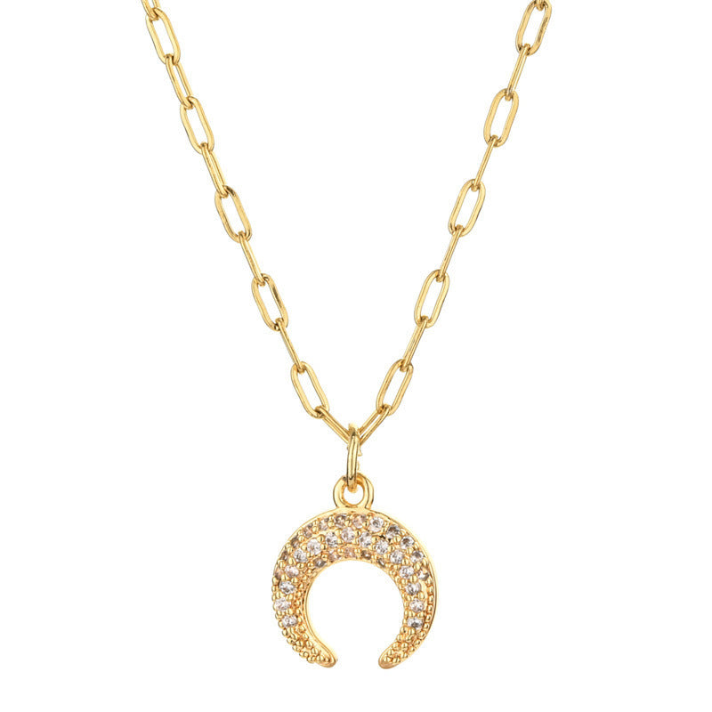 Zircon Moon Necklace Copper Plated Real Gold Full Zirconium Pendant