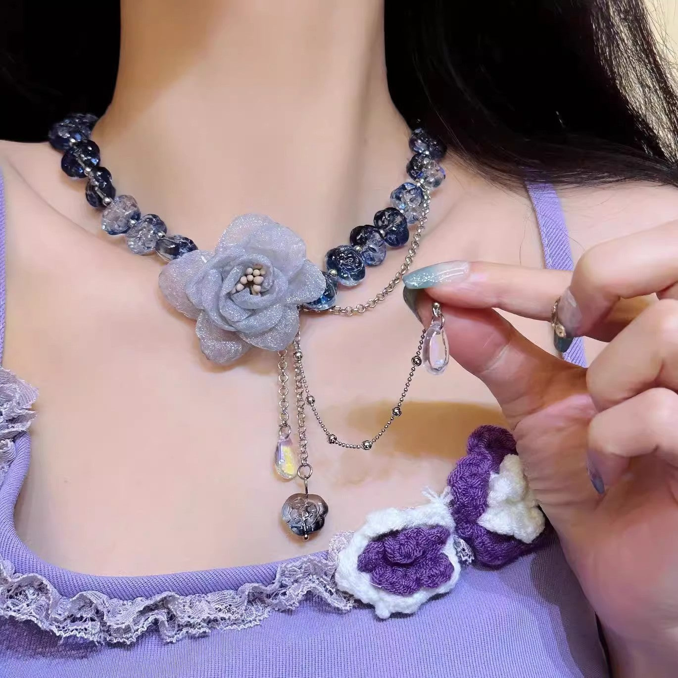 Sweet Cool Lace Mesh Blue Flower Crystal String Beads Chain Tassel Necklace