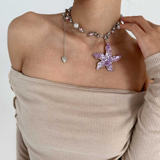 Metal Starfish Flower Pendant Pearl Necklace Adjustable
