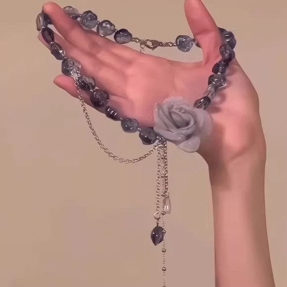 Sweet Cool Lace Mesh Blue Flower Crystal String Beads Chain Tassel Necklace
