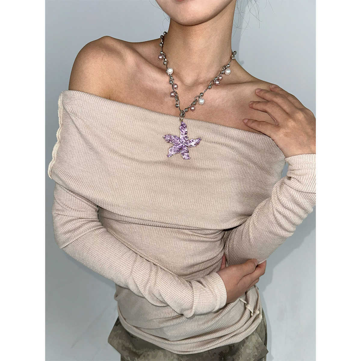 Metal Starfish Flower Pendant Pearl Necklace Adjustable
