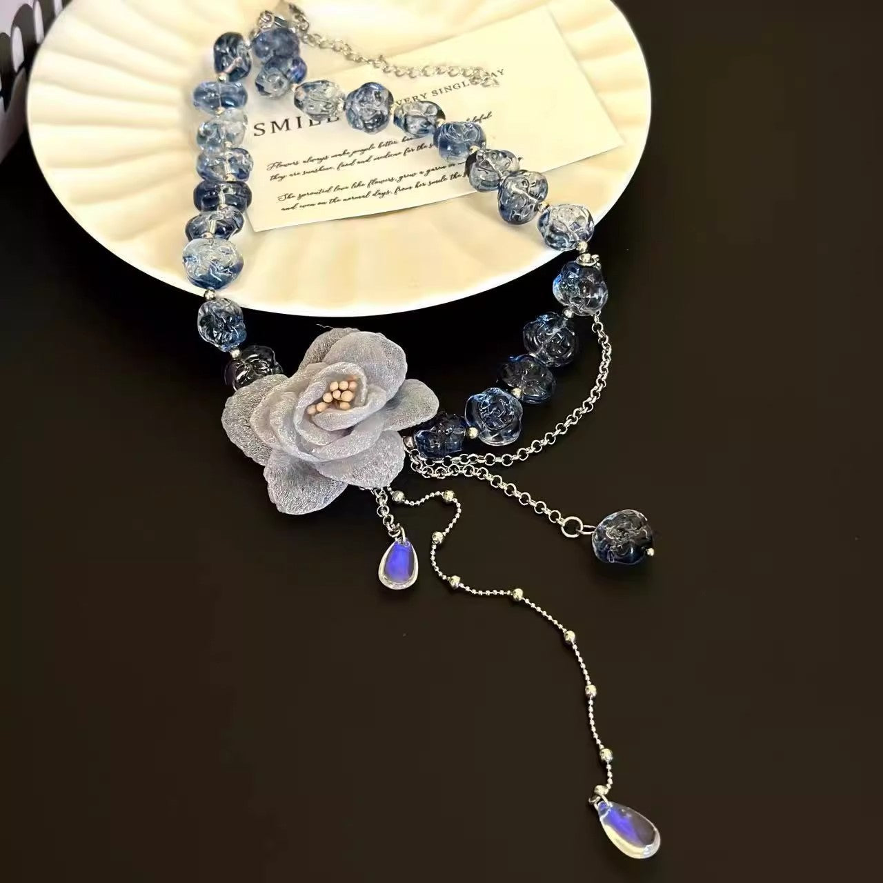Sweet Cool Lace Mesh Blue Flower Crystal String Beads Chain Tassel Necklace
