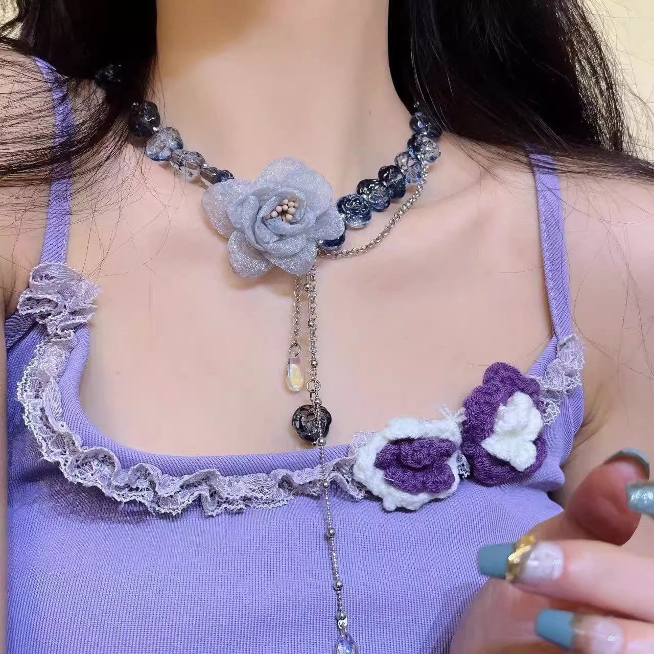 Sweet Cool Lace Mesh Blue Flower Crystal String Beads Chain Tassel Necklace