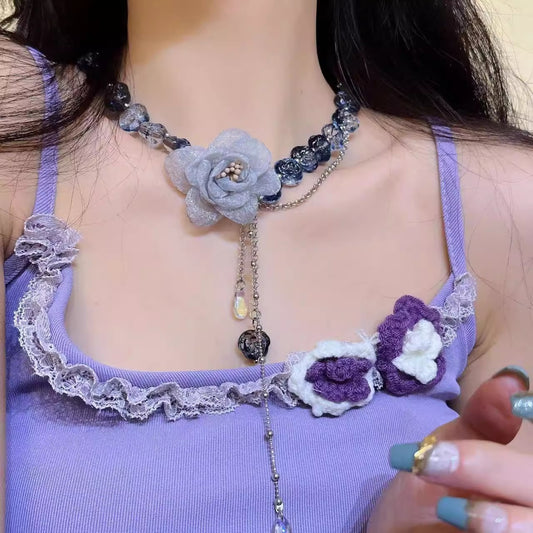 Sweet Cool Lace Mesh Blue Flower Crystal String Beads Chain Tassel Necklace