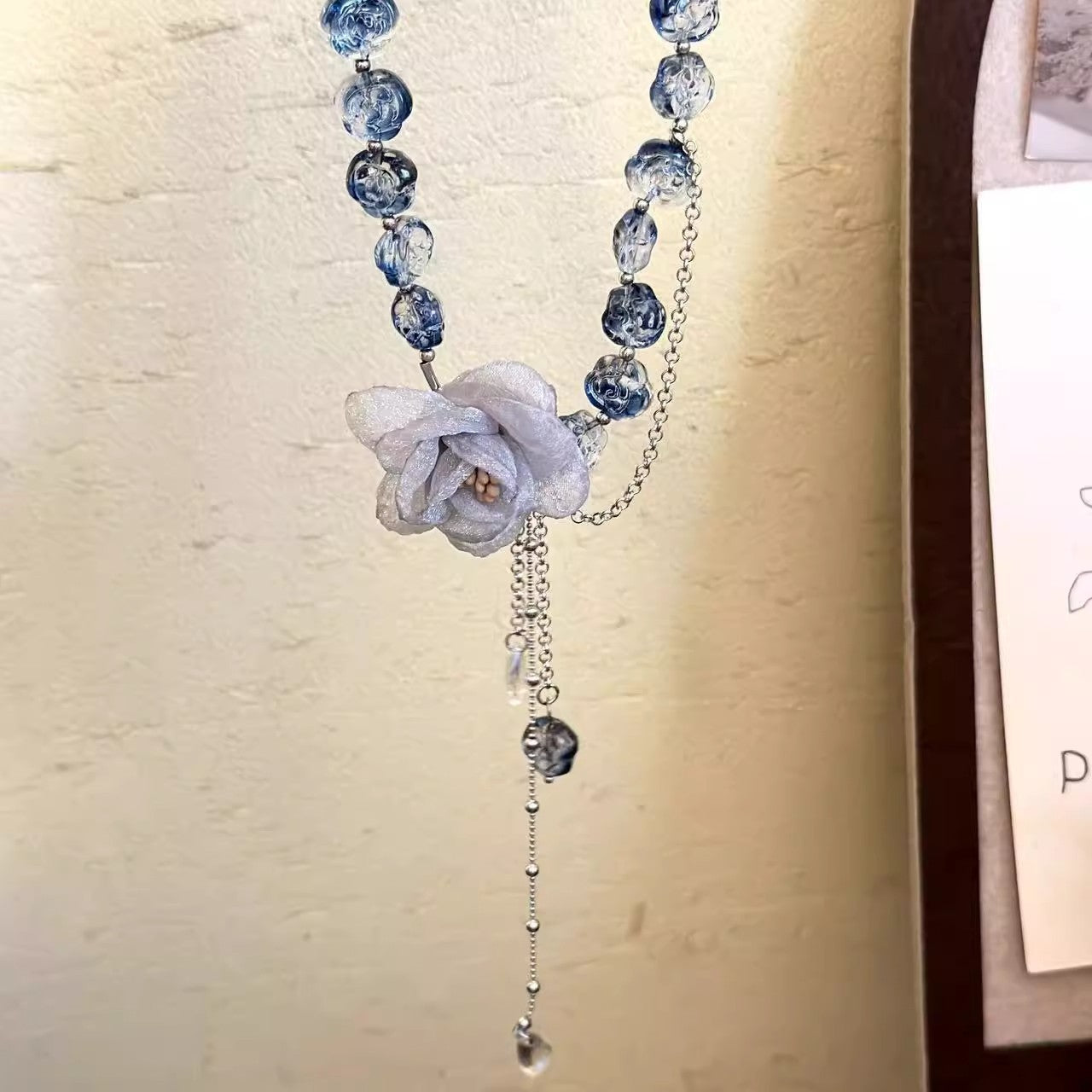 Sweet Cool Lace Mesh Blue Flower Crystal String Beads Chain Tassel Necklace