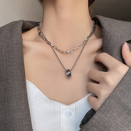 Ring Pendant Necklace Female Niche Design Ins Double Layer Twin Sweet Cool Style Clavicle Chain